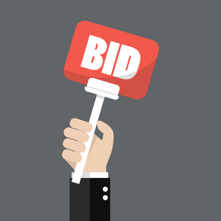 Hand holding auction paddle. Vector illustrationのイラスト素材
