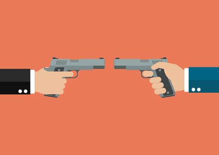 Two hands holding handguns Front to front. Business competition conceptのイラスト素材
