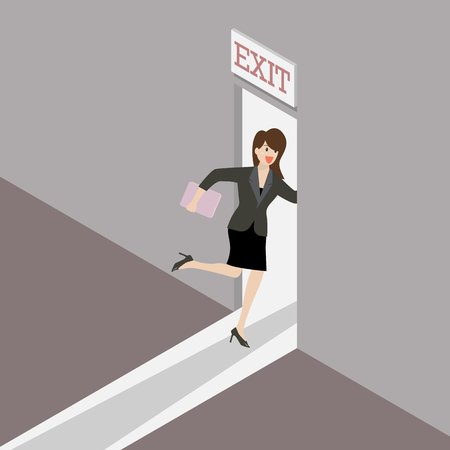 Business woman runs to the exit door. Business solution or exit strategyrのイラスト素材