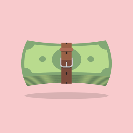 Money bills with a tight belt. Tight budget and recession shrinking economy conceptのイラスト素材