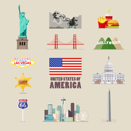 America icons set. flat style vector illustrationのイラスト素材