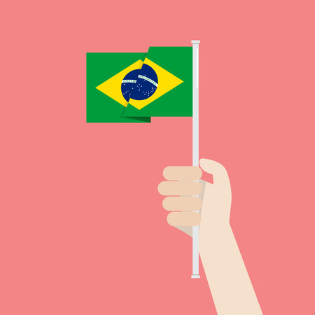 Hand Holding Up Brazil Flag. Vector illustrationのイラスト素材
