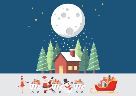 Santa claus Santa girl and Snowman push a shopping cart to sleigh with winter house. Vector illustration posterのイラスト素材