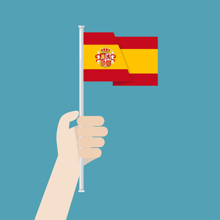 Hand holding up Spain flag. Vector illustrationのイラスト素材