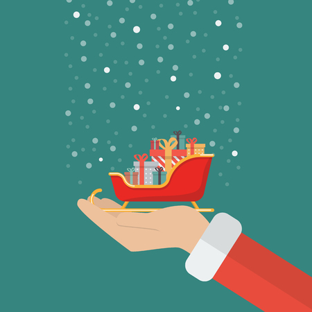 Santa claus hand holding sleigh containing a full of presents. Vector illustrationのイラスト素材