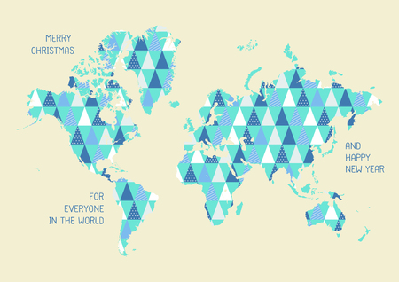 World map with triangle pattern. Merry christmas and Happy new year greeting card. Vector illustrationのイラスト素材