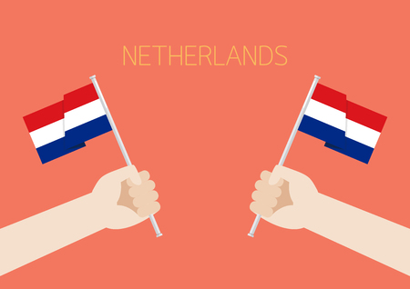 Netherlands National Day with Hands Holding Up Netherlands Flags. Vector illustrationのイラスト素材