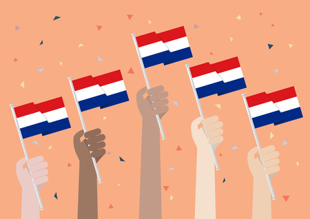 Hands Holding Up Netherlands Flags. Vector illustrationのイラスト素材