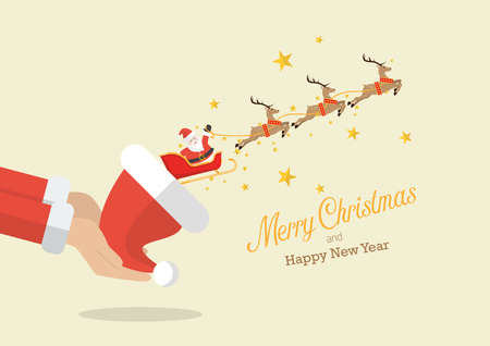 Santa Claus with reindeer sleigh flying out of the Santa hat greeting card.のイラスト素材