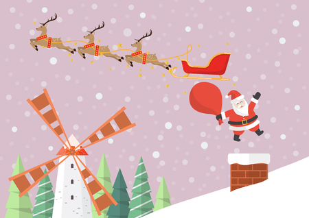 Santa Claus jumping from reindeer sleigh into the chimney. greeting cardのイラスト素材