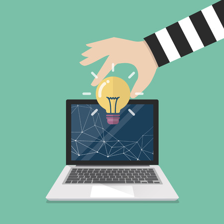 Thief stealing lightbulb idea from internet. Vector illustrationのイラスト素材