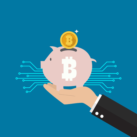 Hand holding bitcoin piggy bank. Business conceptのイラスト素材