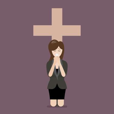 Sad woman is on her knees and prays to god. Vector illustrationのイラスト素材