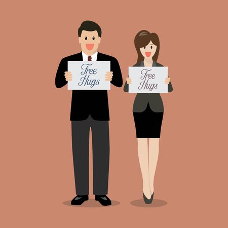 Man and woman holding Free hugs signs. Vector illustrationのイラスト素材
