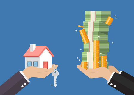 Hand gives home and key to other hand with money cash. rental or lease a carのイラスト素材