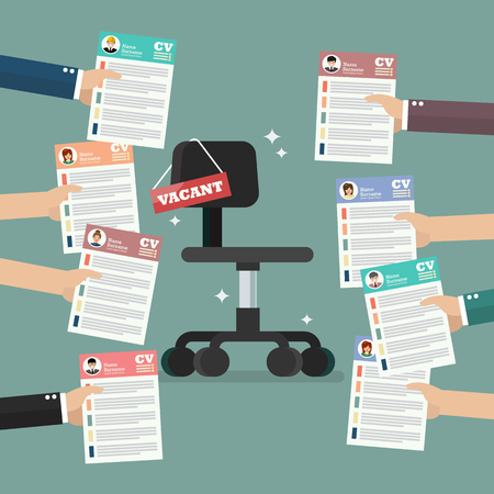 Hands sending cv, resume, documents for an office chair with a vacant sign. Business hiring and recruiting conceptのイラスト素材