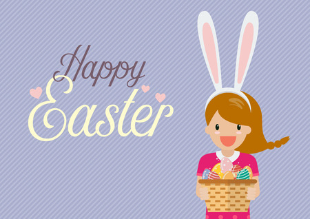 Cute girl with bunny ears mask holding basket full of easter eggs. Flat style design greeting cardのイラスト素材