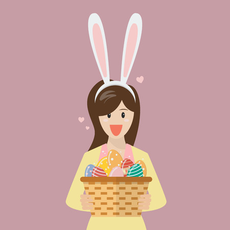 Woman with bunny ears mask holding basket full of easter eggs. Vector Illustrationのイラスト素材