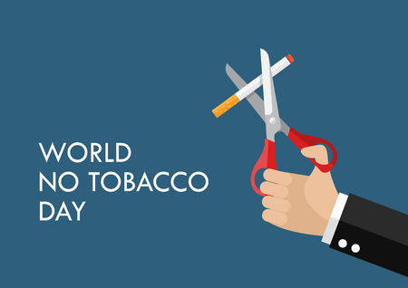 Tobacco abuse concept poster. Hands holding scissors cut a cigarettesのイラスト素材