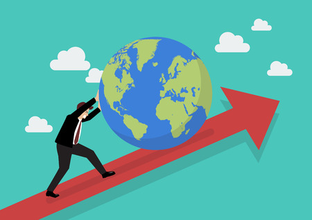 Businessman pushing the world on graph up. Business conceptのイラスト素材