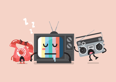 Sleeping TV is waken by radio and telephone. Funny cartoon emoticonsのイラスト素材