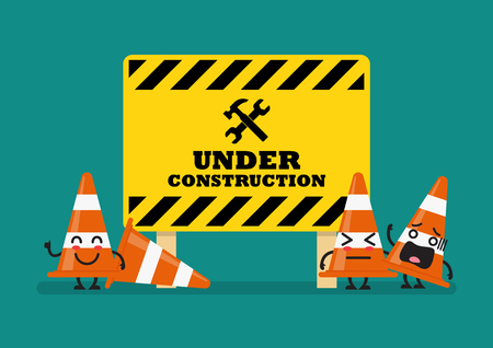 Under construction sign and traffic cones character. Vector illustrationのイラスト素材