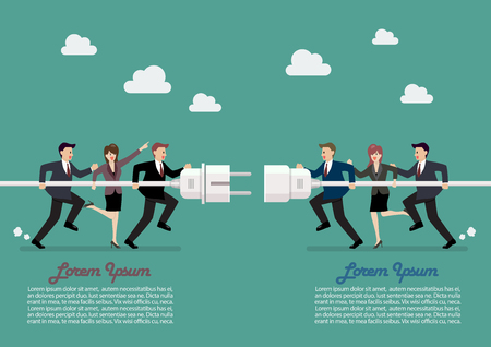 Businessmen connecting hold plug and outlet in hand infographic. Vector illustrationのイラスト素材