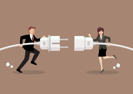 Businessman and woman connecting hold plug and outlet in hand. Business conceptのイラスト素材