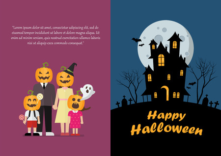 Halloween family and haunted house greeting card. Vector illustrationのイラスト素材