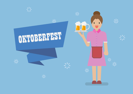 Oktoberfest with Waitress character serving glass of beer. Greeting cardのイラスト素材