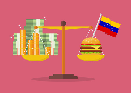 Venezuela hyperinflation concept. Money and Burger balance on the scale.のイラスト素材