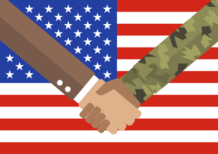 Handshake businessman and soldier. Vector illustrationのイラスト素材