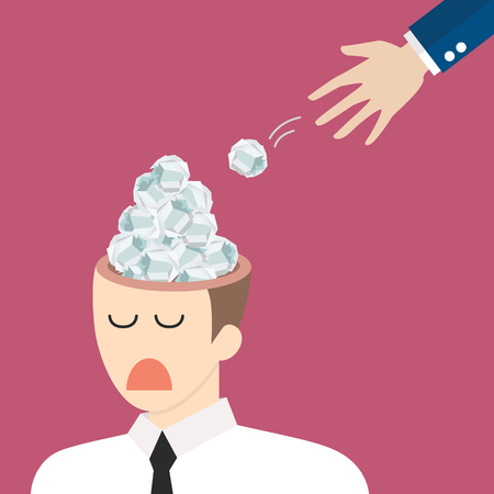 Hand throwing crumpled paper in businessman head. Unnecessary information concept vector illustrationのイラスト素材