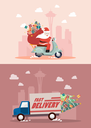 Christmas delivery service by truck and motorbike. Vector illustrationのイラスト素材