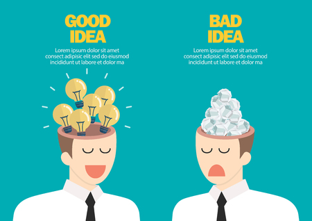 Bright idea and junk idea in businessmen head. Business idea concept vector illustrationのイラスト素材