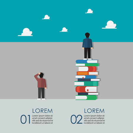 Smart people standing on a lot of books and stupid people stand against the wall infographic. Knowledge education concept vector illustrationのイラスト素材