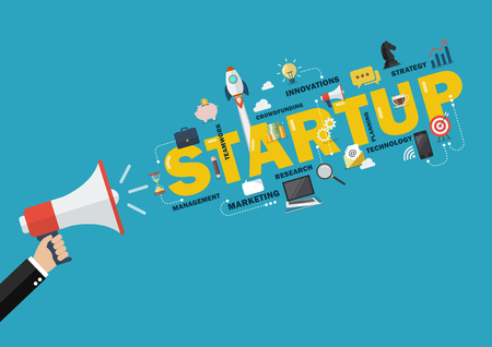 Hand holding megaphone with word startup. Business conceptのイラスト素材
