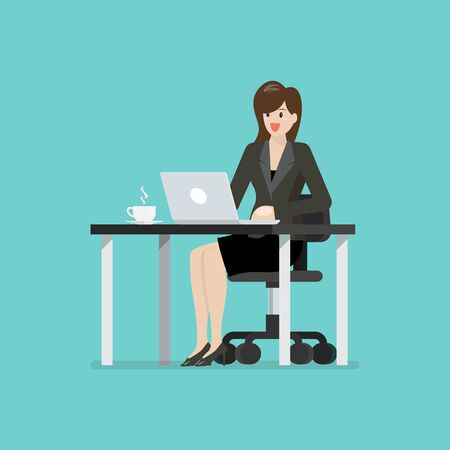 Business woman working on a laptop computer at office desk. Vector illustrationのイラスト素材