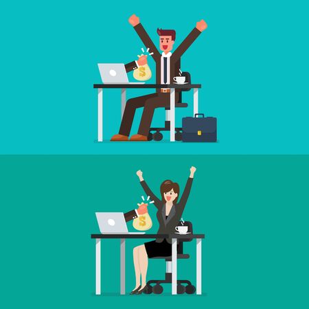 Happy businessman and woman getting bag of money from his laptop. Vector illustrationのイラスト素材