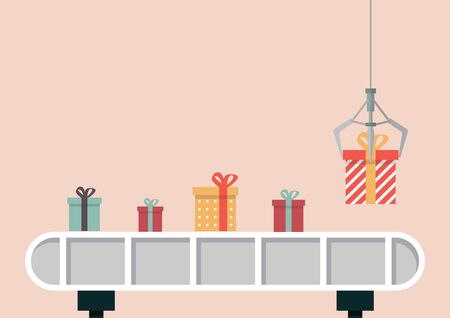 Gift boxes on belt machine with robotic claw. Vector illustrationのイラスト素材