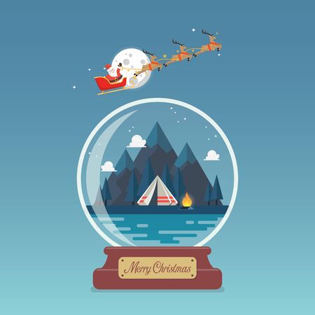Merry christmas glass ball Santa sleigh with landscape at night. Vector illustrationのイラスト素材