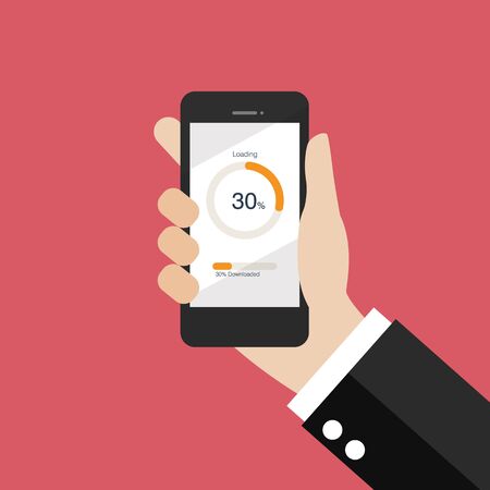 Hand holding smartphone with circle loading and progress bars. Vector illustrationのイラスト素材