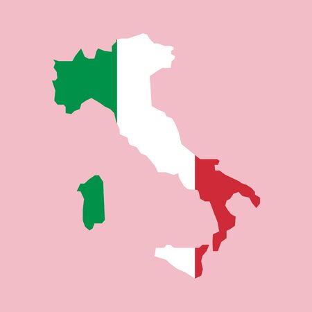Italy flag placed over an outline map of Italy. vector illustrationのイラスト素材