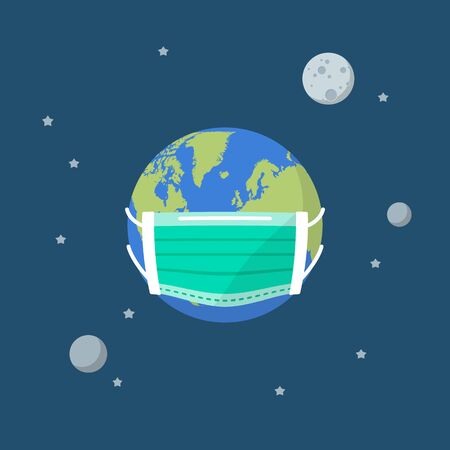 Planet earth wearing a protection medical mask. Coronavirus protection, COVID-19のイラスト素材