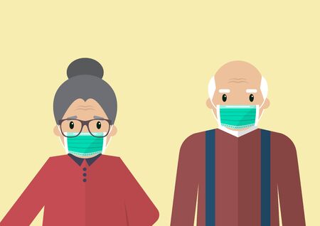Senior man and woman wearing medical masks. People wearing a protective medical mask for prevent virus Covid-19. Vector illustration.のイラスト素材