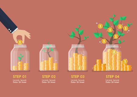 Step of Hand saving coins in glass jars with money trees infographic. Flat style. Vector illustrationのイラスト素材