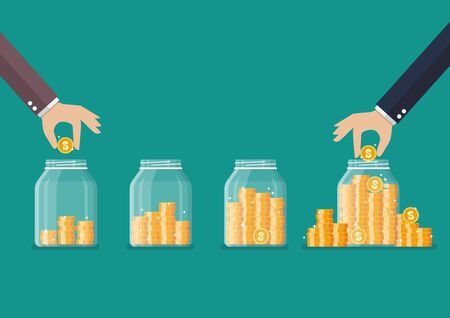 Step of Hand saving coins in glass jar. Flat style. Vector illustrationのイラスト素材