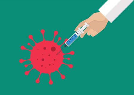 Hand injecting vaccine into the virus cell. Covid-19 Coronavirus concept. Vector illustrationのイラスト素材