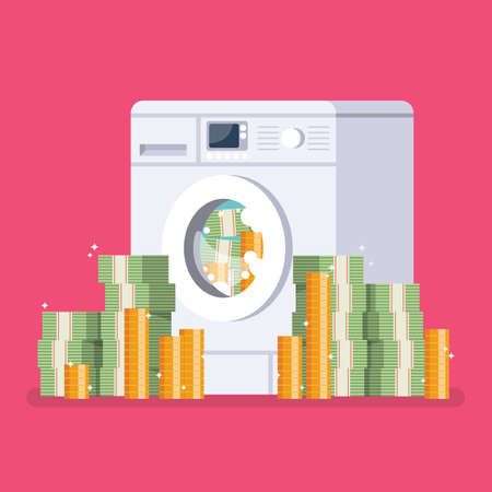 Washing machine laundering money. Business corruption concept. Vector illustrationのイラスト素材