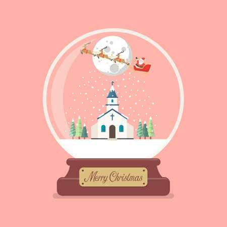 Merry christmas glass ball with Santa sleigh flying over church. Vector illustrationのイラスト素材